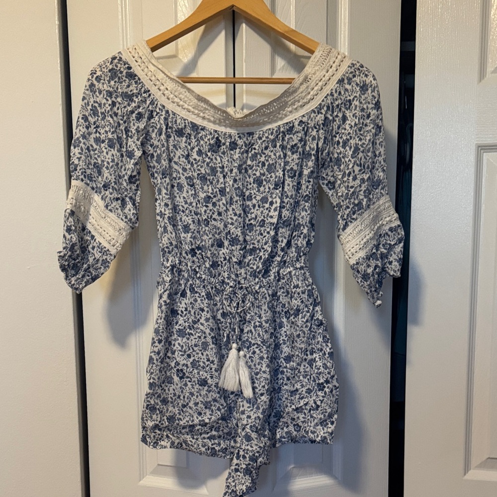 Hollister Blue and White Floral Off-Shoulder Romper